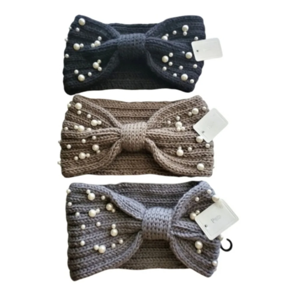 Bow Shaped Winter Knit Headband with Faux Pearls